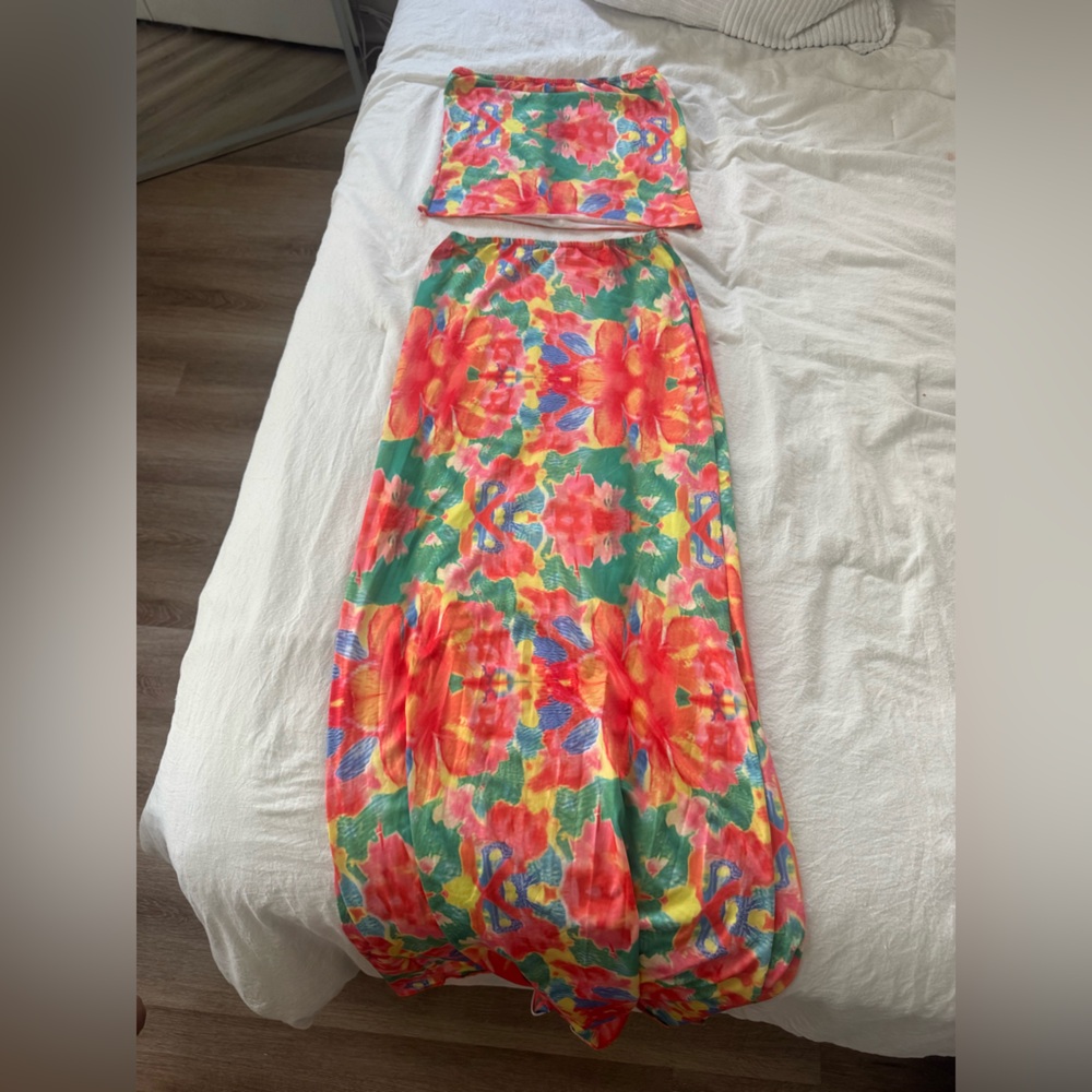 Amazon Floral Two-Piece Maxi Dress in Red, Green, Yellow